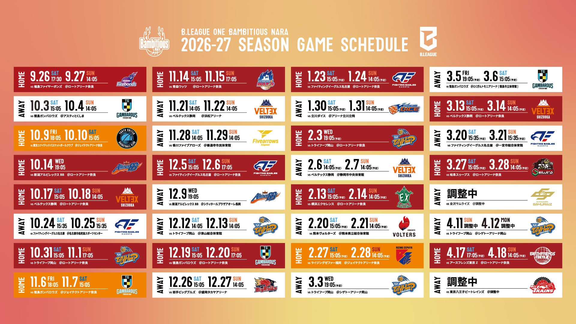 りそなグループ B.LEAGUE 2026-27 SEASON バンビシャス奈良スケジュール